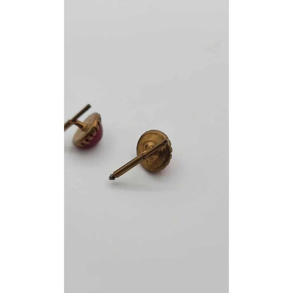 Vtg Red Glass Cufflinks, Domed Cabochon,‎ Torpedo Toggle, Victorian Brass